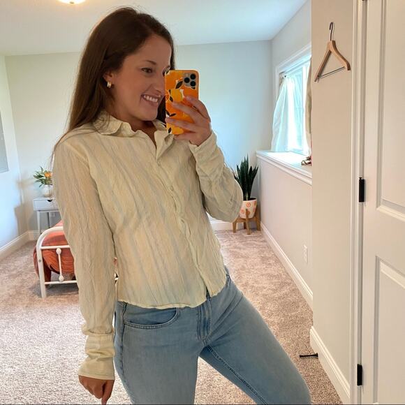 Johnny Cotton Pastel Yellow Blue Metallic Stripe Button Front Top Blouse 2 - Picture 7 of 14